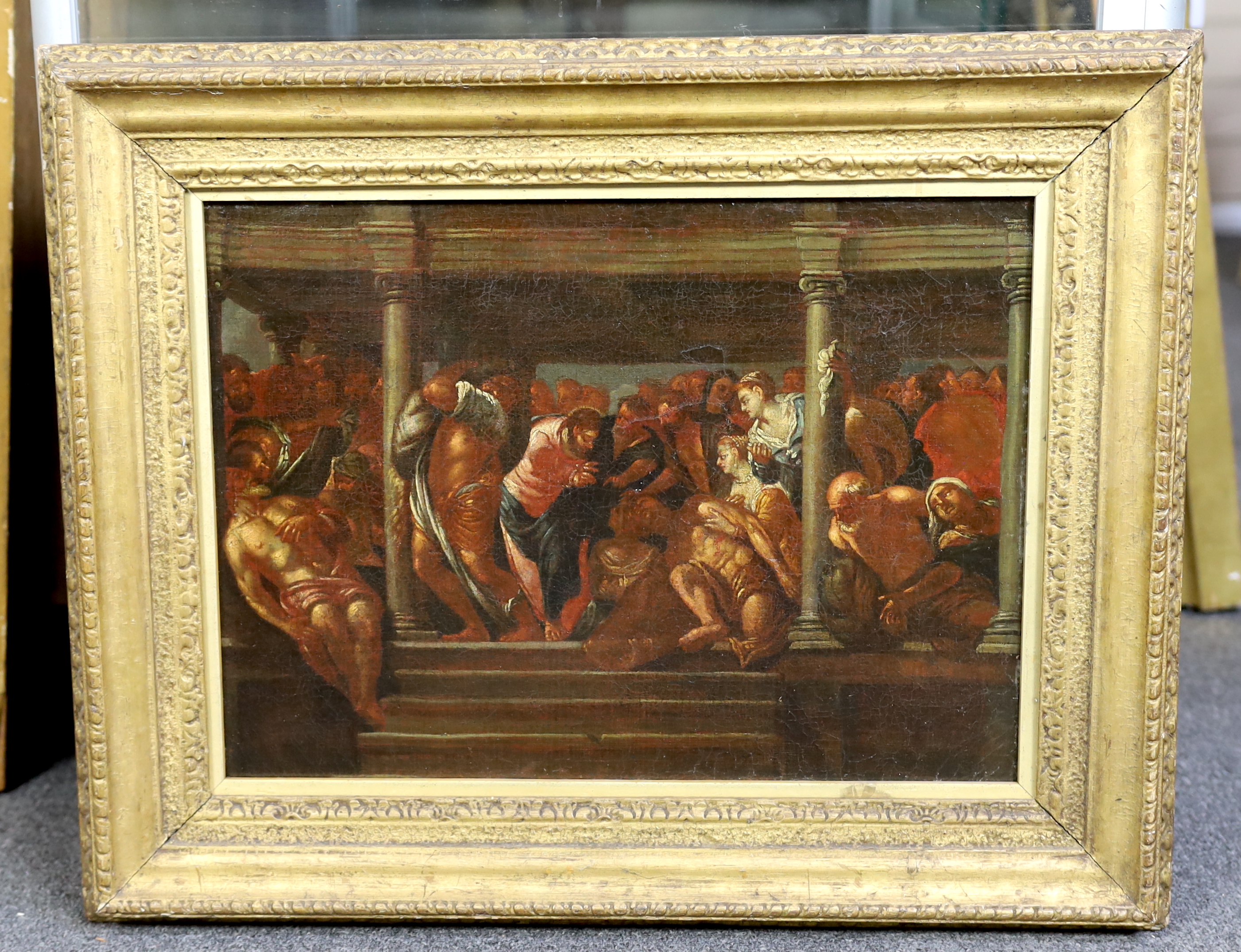 Attributed to Valentin Lefèvre (Flemish 1637-1677) after Jacopo Robusti called Tintoretto (Italian, 1518-1594), Piscina Probatica (or The Probatic Pool), oil on canvas, 32 x 43cm, sold with a copy of the engraving by Lef